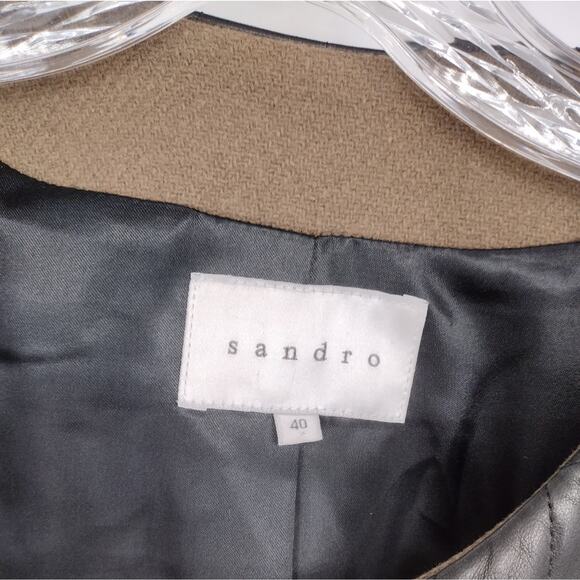 Sandro Brown Mid-length Wool Coat Jacket Black Leather Detail Size 40 - Picture 4 of 11